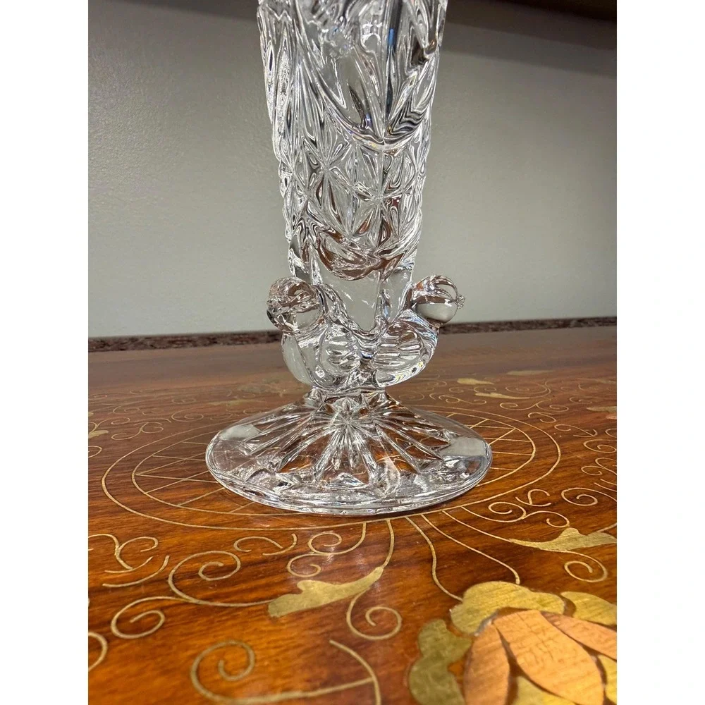 Vintage Hofbauer Byrdes Lead Crystal Bud Vase • Etched Bird Pedestal Vase